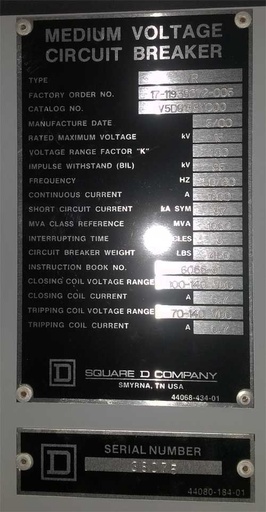 [035989] 1200 Amp, SQUARE D, VR-1000, 13.8 KV, 125 VDC, 2000, VACUUM, BREAKER:1