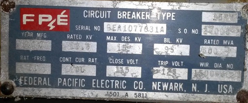 [036079] 1200 Amp, FEDERAL PACIFIC, DST2-15-500, 13.8 KV, 125 VDC CLOSE & TRIP:1