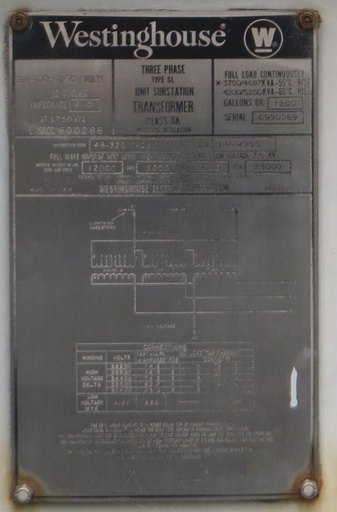 [036123] 3750/4200/5250 KVA, Pri 34400 D, Sec 4160Y/2400, WESTINGHOUSE, SUBSTATION
