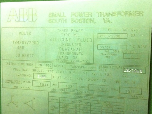 [036254] 2500/2800 KVA, Pri 12470Y/7200, Sec 480 D, ABB, PADMOUNT, ABB, SILICONE DF/LF
