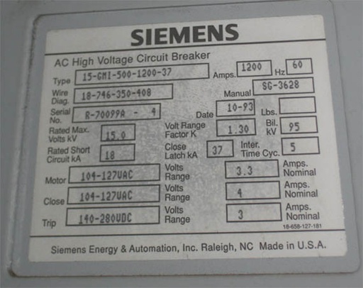 [036271] 1200 Amp, SIEMENS, 15-GMI-500-1200-37, 15 KV, 1993, 120 VAC CLOSE, 240 VDC TRIP