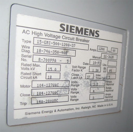 [036272] 1200 Amp, SIEMENS, 15-GMI-500-1200-37, 15 KV, 1993, 120 VAC CLOSE, 240 VDC TRIP
