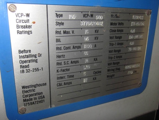 [036282] 1200 Amp, WESTINGHOUSE, 150 VCP-W-500, 15 KV, 1992, EO/DO, 125VDC MOT, CL,& T