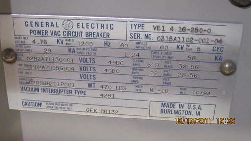 [036304] 1200 Amp, GENERAL ELECTRIC, VB1-4.16-250-0, 4760 V., 1983, 48 VDC CLOSE & TRIP:1
