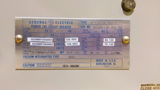 [036305] 1200 Amp, GENERAL ELECTRIC, VB1-4.16-250-0, 4760 V., 1983, 125 VDC CLOSE & TRIP: