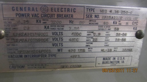[036306] 1200 Amp, GENERAL ELECTRIC, VB1-4.16-250-0, 4760 V., 1983, 48 VDC CLOSE & TRIP:1
