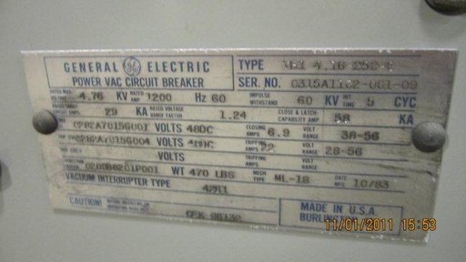 [036308] 1200 Amp, GENERAL ELECTRIC, VB1-4.16-250-0, 4760 V., 1983, 48 VDC CLOSE & TRIP:1