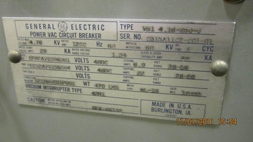 [036309] 1200 Amp, GENERAL ELECTRIC, VB1-4.16-250-0, 4760 V., 1983, 48 VDC CLOSE & TRIP:1