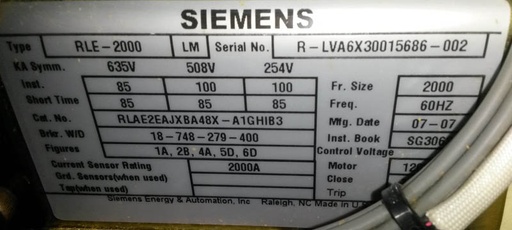 [036625] 2000 Amp, SIEMENS, RLE-2000, 600 V., E/O, D/O, 120 VAC CLOSE/TRIP