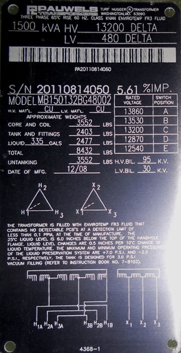 [036646] 1500 KVA, Pri 13200 D, Sec 480 D, PAUWELS, DEAD FRONT, LOOP FEED, 2008, FR3:1