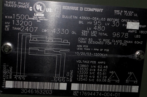 [036648] 1500 KVA, Pri 13200 D, Sec 480 D, 2003, SQUARE D, LIVE FRONT, RADIAL:1