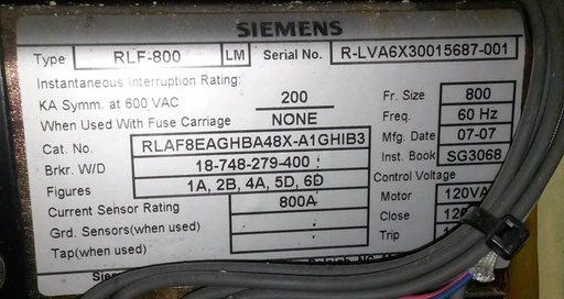 [036661] 800 Amp, SIEMENS, RLF-800, 600 V., E/O, D/O, 120 VAC MOTOR, CLOSE, TRIP