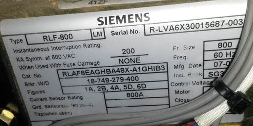 [036664] 800 Amp, SIEMENS, RLF-800, 600 V., E/O, D/O, 120 VAC MOTOR, CLOSE, TRIP