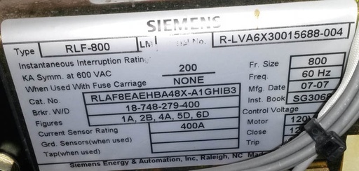 [036677] 800 Amp, SIEMENS, RLF-800, 600 V., E/O, D/O, 120 VAC MOTOR, CLOSE, TRIP