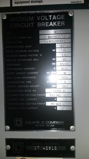 [036724] 1200 Amp, SQUARE D, VR, 15 KV, 2002, 500 MVA, E/O, 125 VDC, VACUUM:1