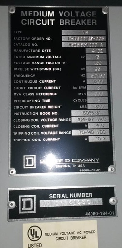 [036730] 1200 Amp, SQUARE D, VR V5D6153Y000A, 15 KV, 2002, 500 MVA, 120 VAC CL/125 VDC TR