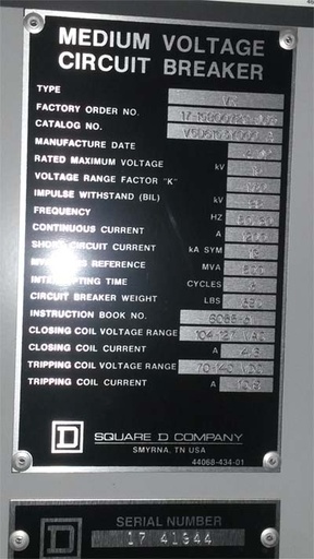 [036732] 1200 Amp, SQUARE D, VR V5D6153Y000A, 15 KV, 2002, 500 MVA, 120 VAC CL/125 VDC TR