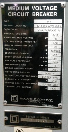 [036738] 1200 Amp, SQUARE D, VR V5D6153Y000A, 15 KV, 2002, 120 VAC CL/125 VDC TRIP:1
