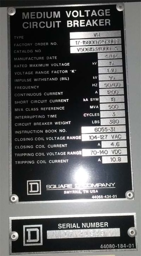 [036740] 1200 Amp, SQUARE D, VR V5D6153Y000A, 15 KV, 2002, 120 VAC CL/125 VDC TRIP:1