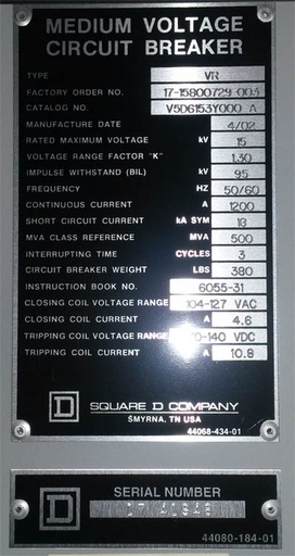 [036741] 1200 Amp, SQUARE D, VR V5D6153Y000A, 15 KV, 2002, 120 VAC CL/125 VDC TRIP:1