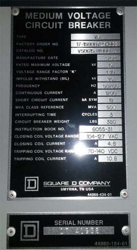 [036743] 1200 Amp, SQUARE D, VR V5D6153Y000A, 15 KV, 2002, 120 VAC CL/125 VDC TRIP:1