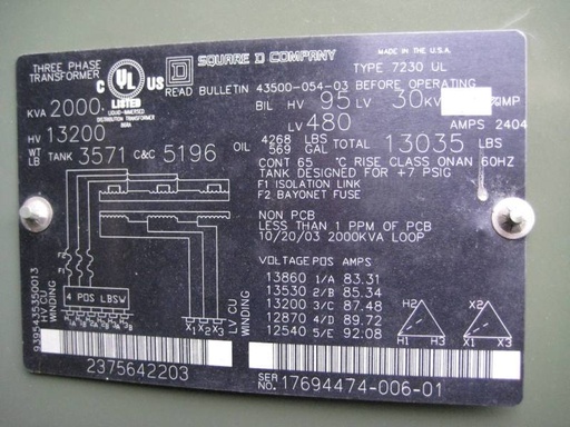 [036770] 2000 KVA, Pri 13200 D, Sec 480 D, 2003, SQUARE D, LIVE FRONT, LOOP FEED:1