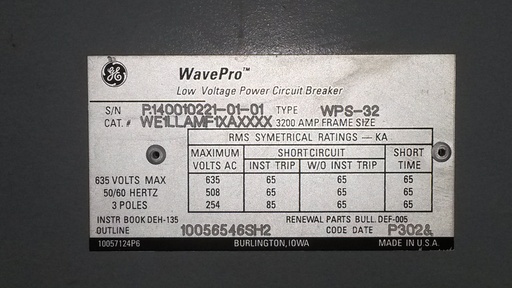 [036786] 3200 Amp, GENERAL ELECTRIC, WPS-32, 480 V., EO/DO, 120VAC C&T