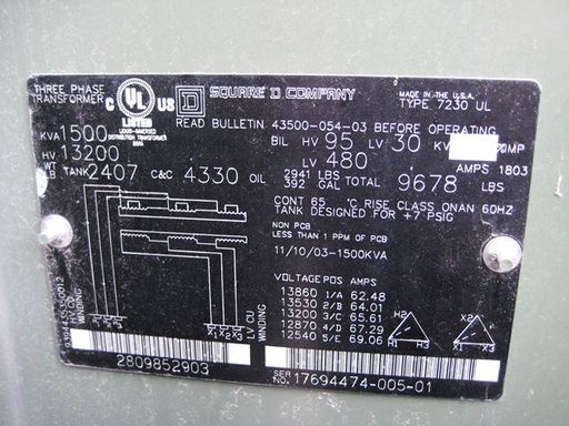 [036793] 1500 KVA, Pri 13200 D, Sec 480 D, 2003, SQ.D, PADMOUNT, LIVE FRONT/RADIAL FEED;