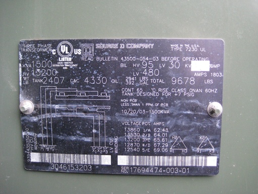 [036794] 1500 KVA, Pri 13200 D, Sec 480 D, 2003, SQ.D, PADMOUNT, LIVE FRONT/RADIAL FEED;