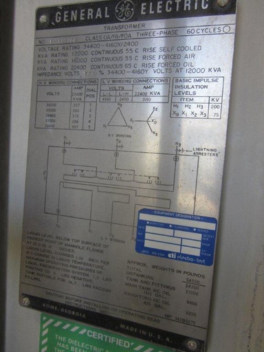 [036884] 12000/22400 KVA, Pri 34400 D, Sec 4160Y/2400, GENERAL ELECTRIC, SUBSTATION