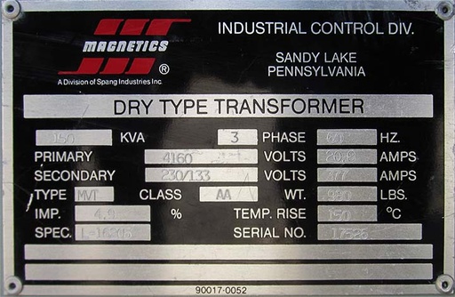 [037067] 150 KVA, Pri 4160 D, Sec 230Y/133, MAGNETICS, DRY TYPE, OUTDOOR