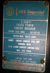 [037146] 600 Amp, ITE, K-DON600S, 480 V., FUSED, MANUALLY OPERATED, DRAW-OUT