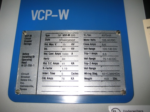 [037198] 1200 Amp, WESTINGHOUSE, 50VCPW-350, 5000 V., 1998, E/O, D/O, 125 VDC CL/TR/MOTOR
