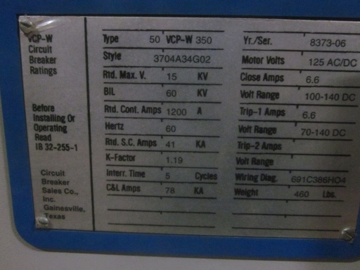 [037199] 1200 Amp, WESTINGHOUSE, 50VCPW-350, 5000 V., 1998, E/O, D/O, 125 VDC CL/TR/MOTOR