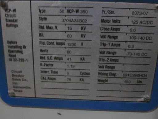 [037200] 1200 Amp, WESTINGHOUSE, 50VCPW-350, 5000 V., 1998, E/O, D/O, 125 VDC CL/TR/MOTOR