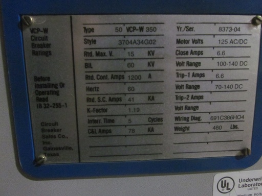 [037201] 1200 Amp, WESTINGHOUSE, 50VCPW-350, 5000 V., 1998, E/O, D/O, 125 VDC CL/TR/MOTOR