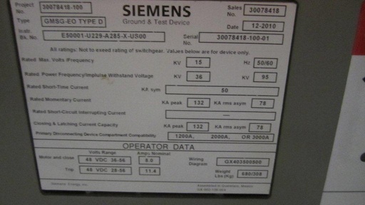[037229] 1200/2000/3000 Amp, SIEMENS, GMSG-EO-TYPE D, 15 KV, GROUND & TEST DEVICE, UNUSED