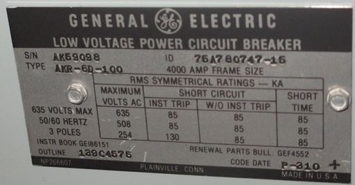 [037247] 4000 Amp, GENERAL ELECTRIC, AKR-6D-100, 480 V., 120 VAC, MICRO-VERSA TRIP LSIG