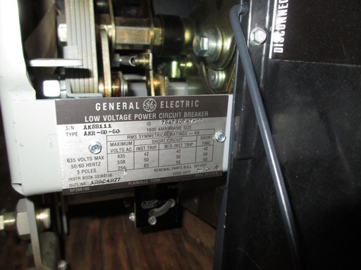 [037262] 1600 Amp, GENERAL ELECTRIC, AKR-6D-50, 480 V., 120 VAC, MICRO-VERSA TRIP LSIG:1