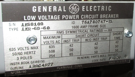 [037263] 1600 Amp, GENERAL ELECTRIC, AKR-6D-50, 480 V., 120 VAC, MICRO-VERSA TRIP LSIG:1