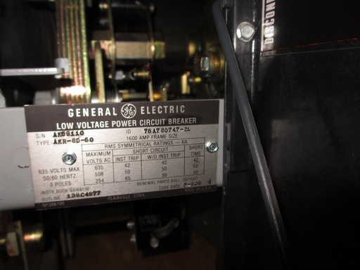 [037265] 1600 Amp, GENERAL ELECTRIC, AKR-6D-50, 480 V., 120 VAC, MICRO-VERSA TRIP LSIG:1
