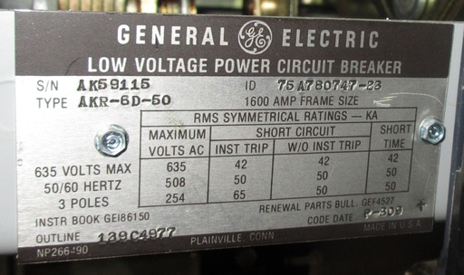 [037268] 1600 Amp, GENERAL ELECTRIC, AKR-6D-50, 480 V., 120 VAC, MICRO-VERSA TRIP LSIG:1