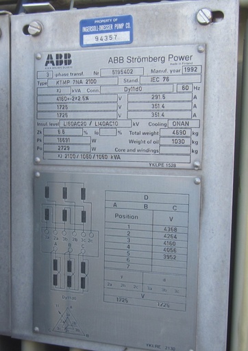 [037363] 2100 KVA (1050 X 1050), Pri 4160 D, Sec 1725 D x 1725 Y, 1992, ABB RECTIFIER:1