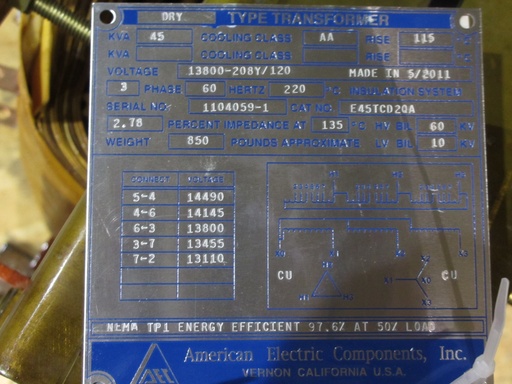 [037377] 45 KVA, Pri 13800 D, Sec 208Y/120, 2011, AEC, CONTROL POWER TRANSFORMER, C&C, CU