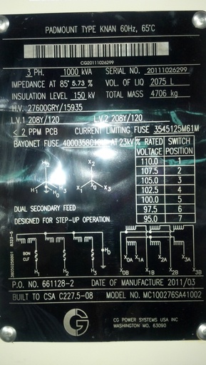 [037378] 1000 KVA, Pri 27600GRY/15935, Sec 208Y/120 X 208Y/120, FR3, NEW, CG POWER, LF/RF
