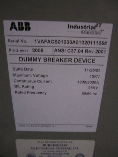 [037466] 1200 Amp, ABB, ADVAC, 15 KV, DUMMY TIE BREAKER