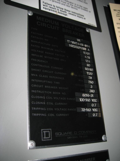 [037505] 1200 Amp, SQUARE D, VR-250, 4760 V., 2002, E/O, D/O, 125 VDC, 29 KA:1