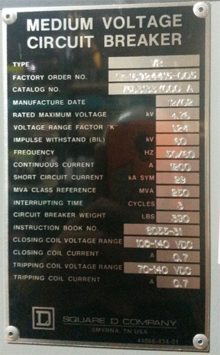 [037506] 1200 Amp, SQUARE D, VR-250, 4760 V., 2002, E/O, D/O, 125 VDC, 29 KA:1