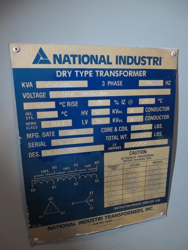 [037550] 3750/5000 KVA, Pri 13800 D, Sec 4160Y/2400, NATIONAL INDUSTRI, INDOOR