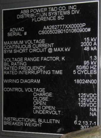 [037588] 2000 Amp, ABB, ADVAC, 15 KV, 2000, 1000 MVA, 125 VDC CLOSE & TRIP:1